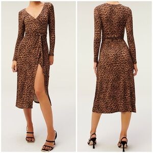New Good American Daynight Wrap Dress Sepia Leopard Brown Stretch Sz 0